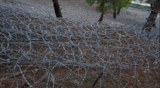 Barbed wire laid around the perimeter on the beach side of Tkachev's fence, as if to guard against a sea invasion. (Photo: Bellona/EWNC/Greenpeace)